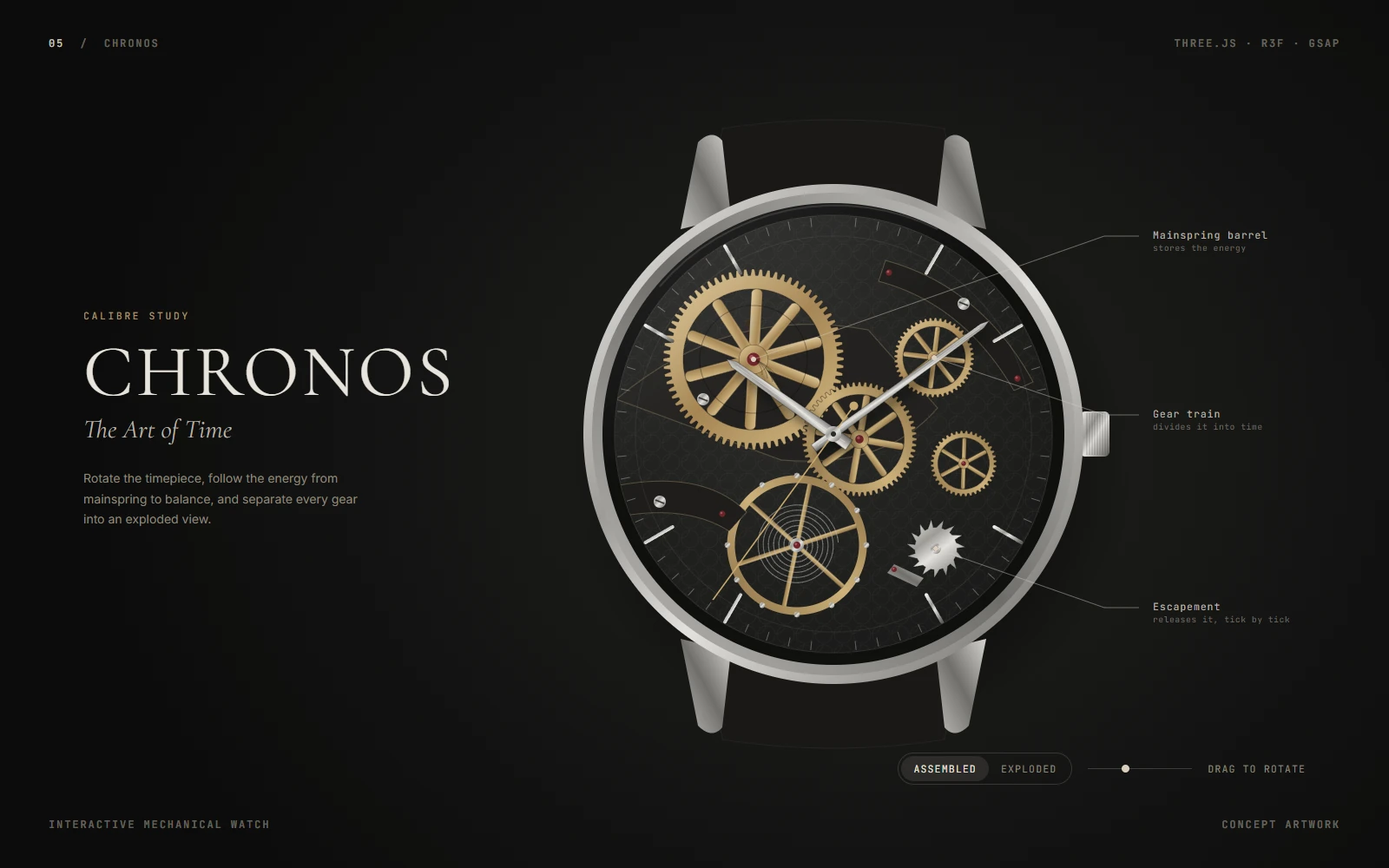 Concept artwork for CHRONOS: a skeleton mechanical watch with its barrel, gear train, escapement and balance wheel annotated.
