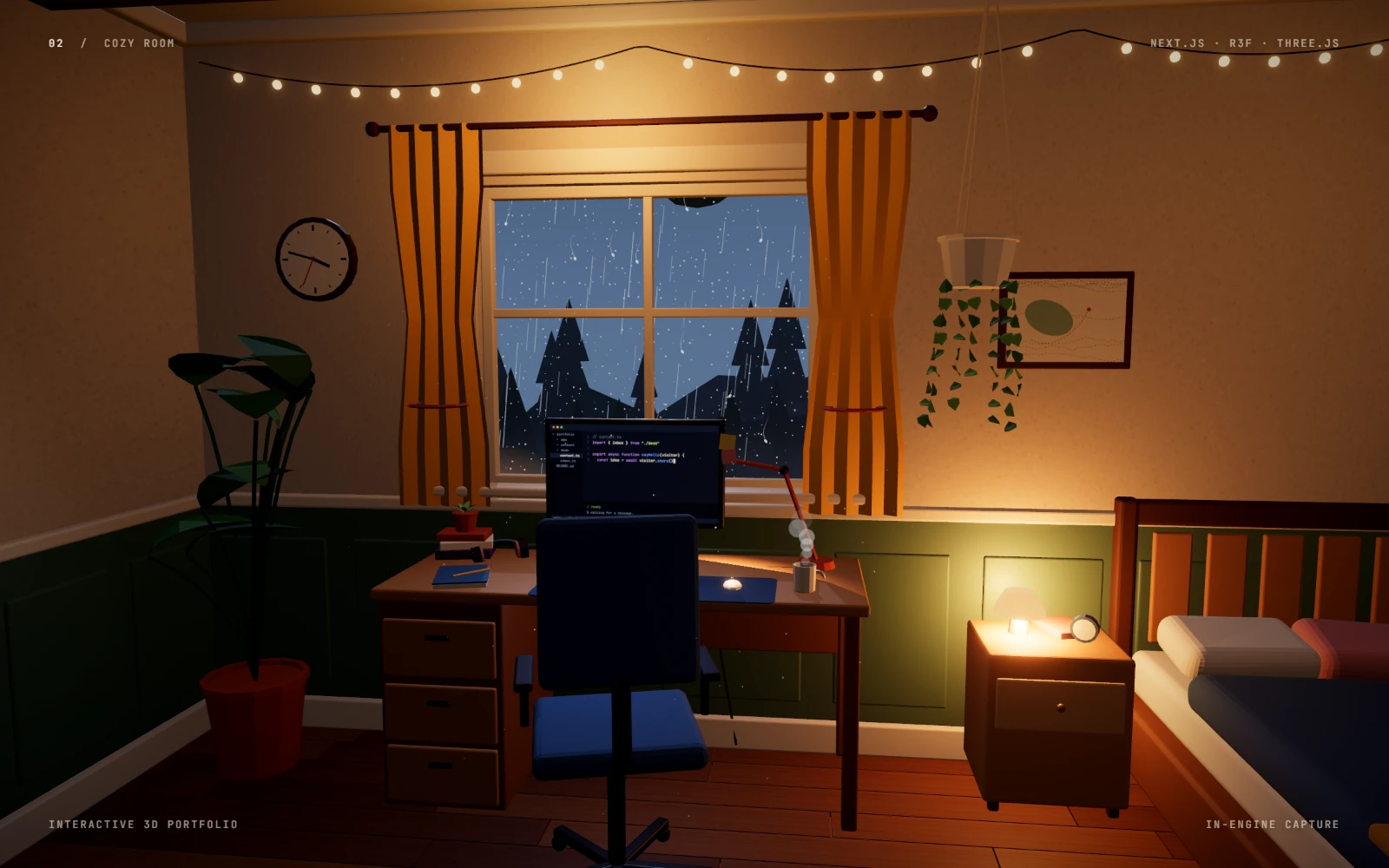 Cover: the Cozy Room bedroom on a rainy night, captured in the running portfolio.