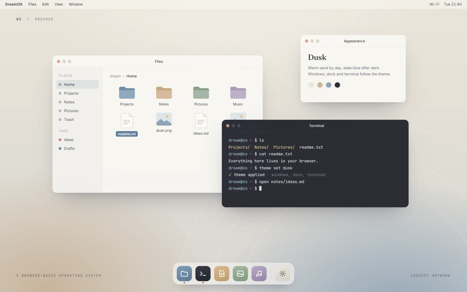 Concept artwork for DreamOS: a soft desktop with a file explorer, a terminal, an appearance panel and a dock.