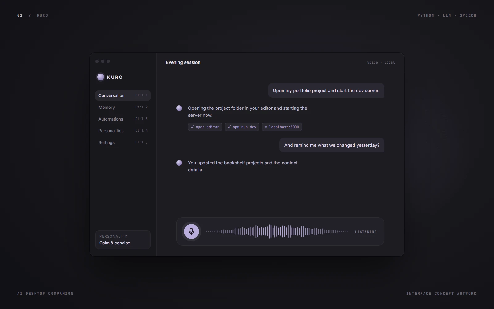 Interface concept artwork for KURO: a dark desktop assistant window with a conversation, task chips and a voice waveform. Not a screenshot of the running app.