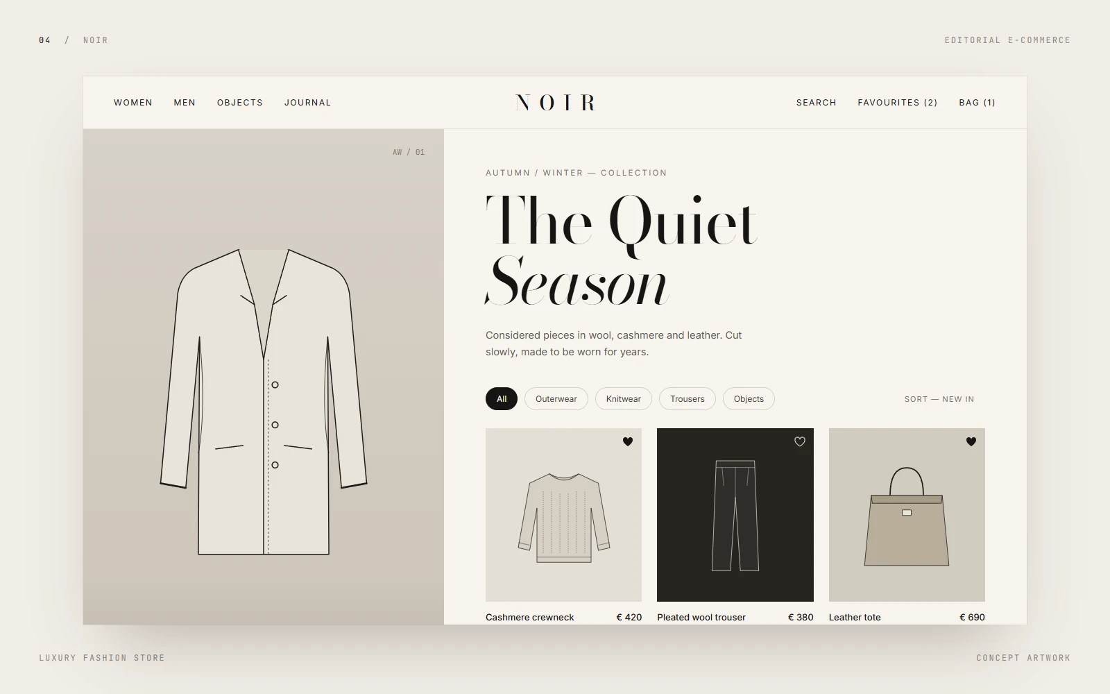 Concept artwork for NOIR: an editorial storefront with a large serif headline, category filters and illustrated product cards.